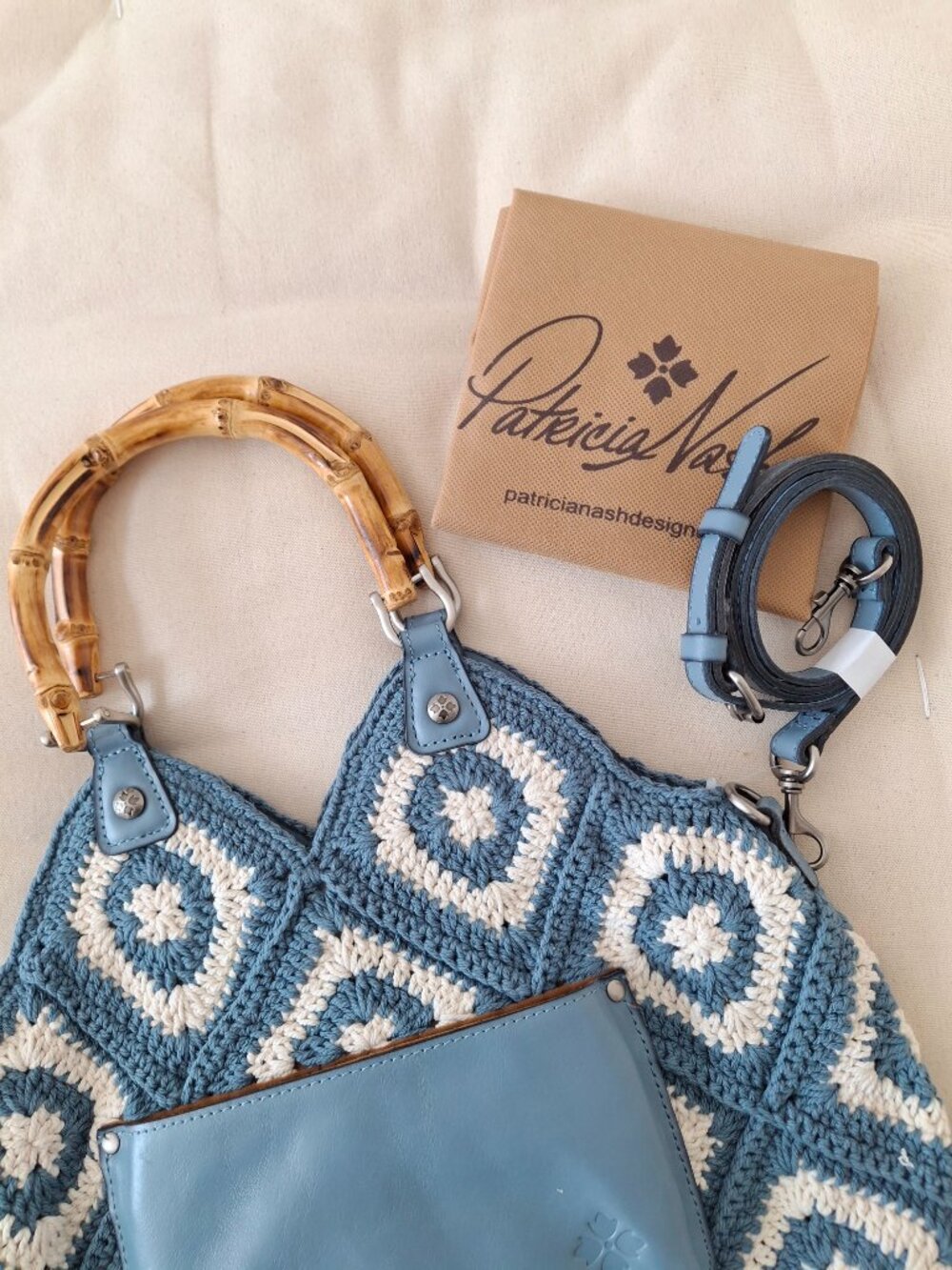 (New) Patricia Nash – Delphi Cotton Crochet & Leather Tote Crossbody (Blue Fog) - Picture 5 of 12